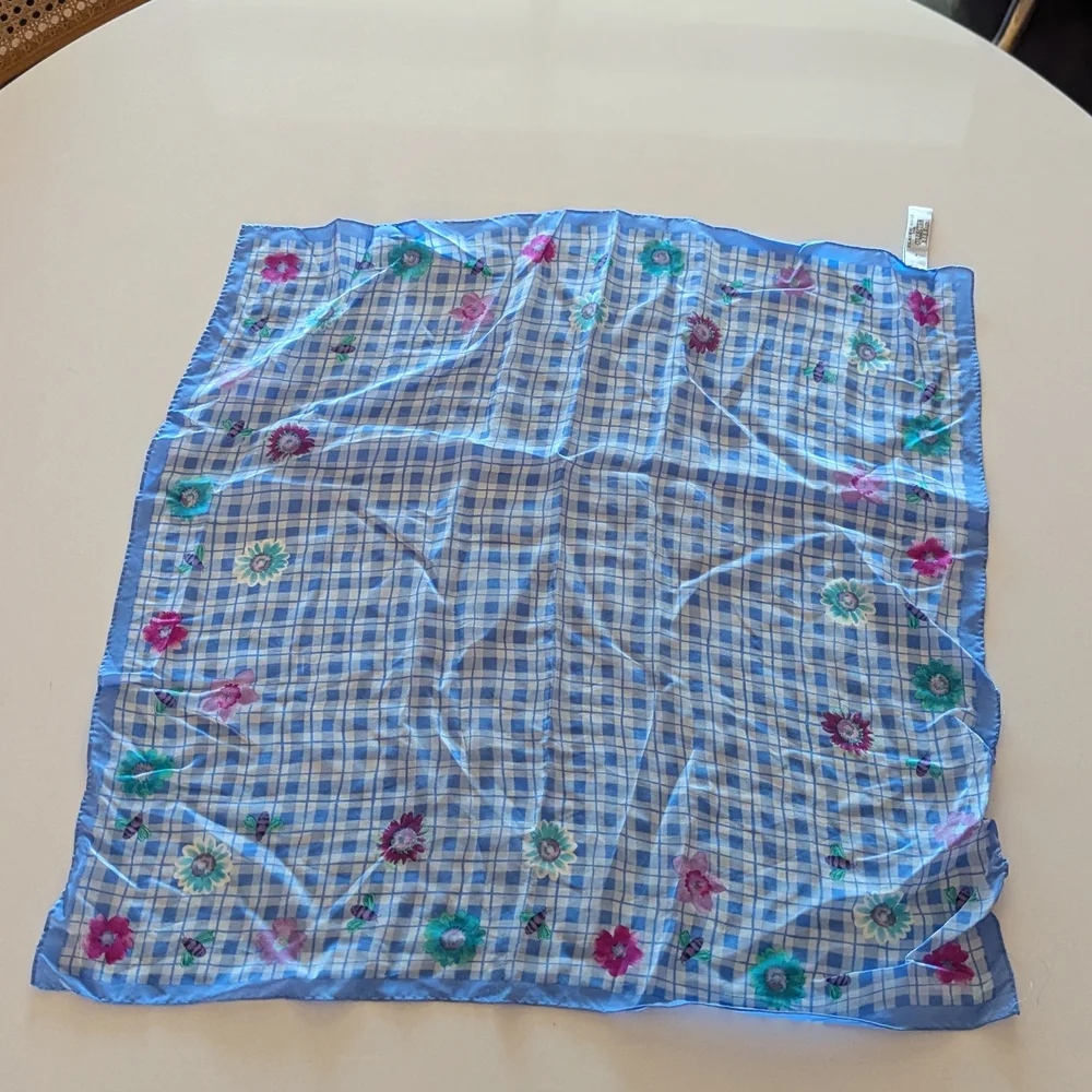 Vintage 80s Elaine Gold Silk Floral Blue Checkered Scarf Cottagecore Boho